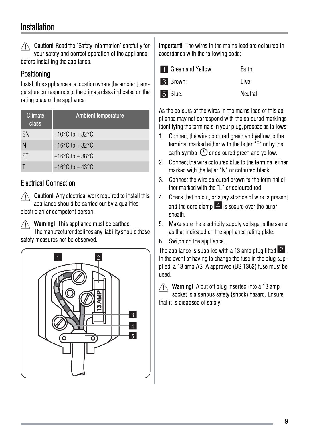 Zanussi ZBF6124A user manual Installation, Positioning, Electrical Connection, Climate, class 