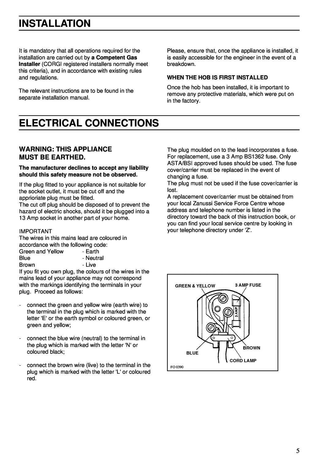 Zanussi ZBG 503 C, ZBG 501 B, ZGA 75 W manual Installation, Electrical Connections, Warning This Appliance Must Be Earthed 