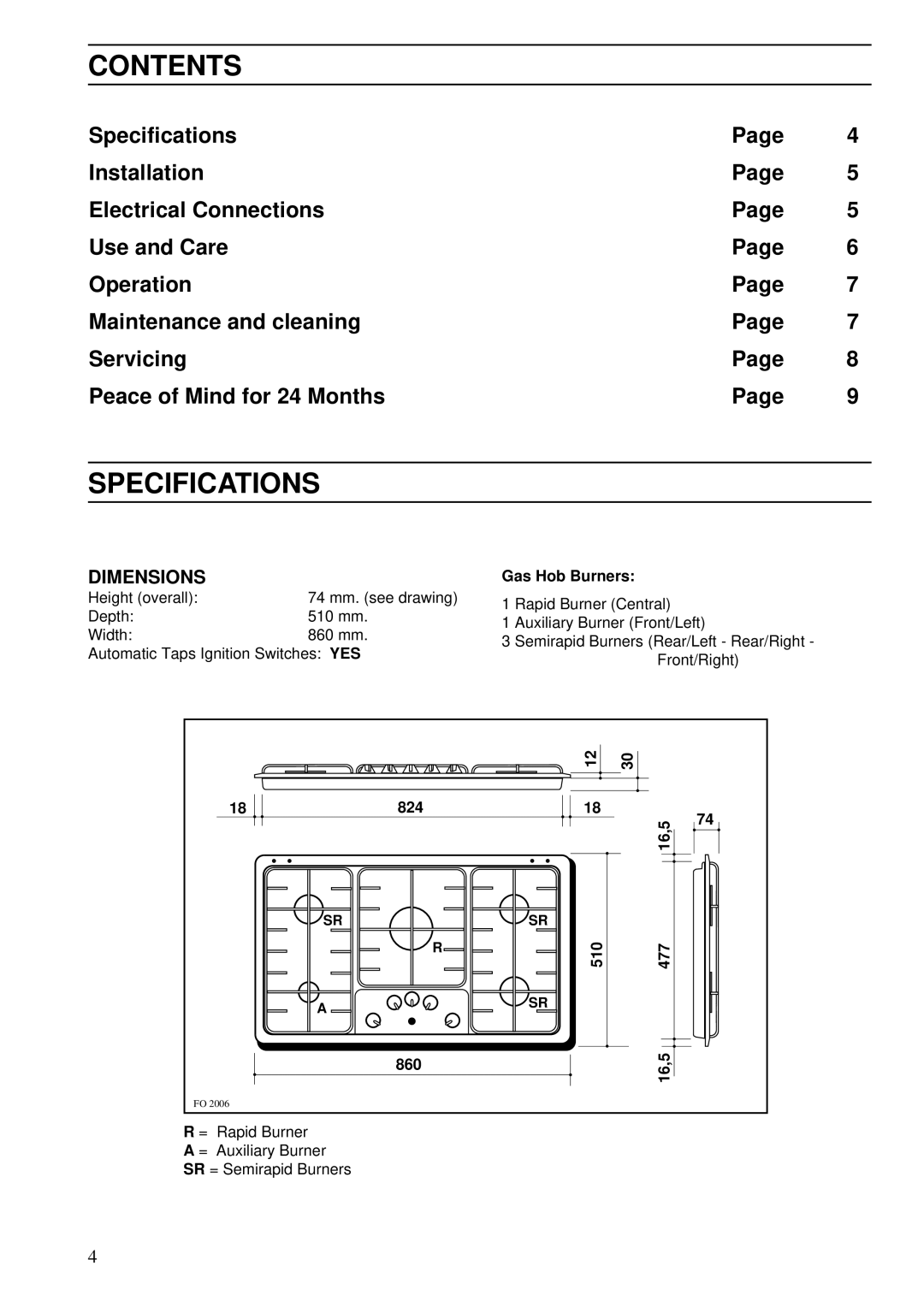 Zanussi ZBG 509 SS manual Contents, Specifications 