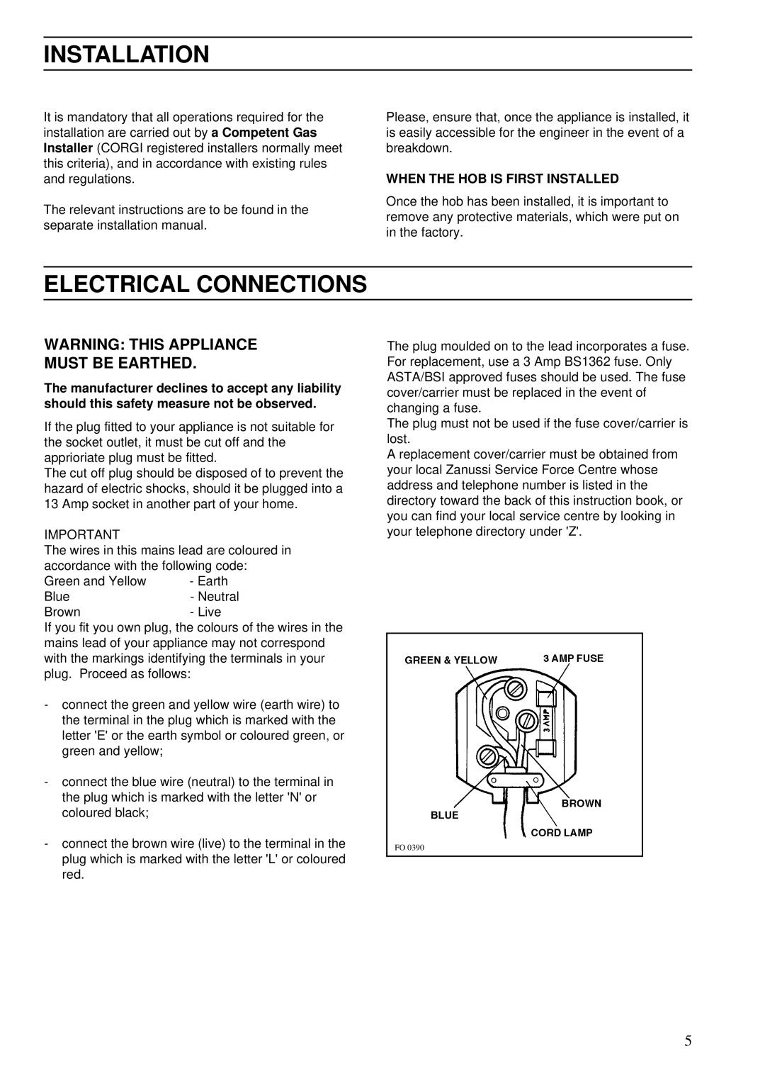 Zanussi ZBG 509 SS manual Installation, Electrical Connections, Must be Earthed 