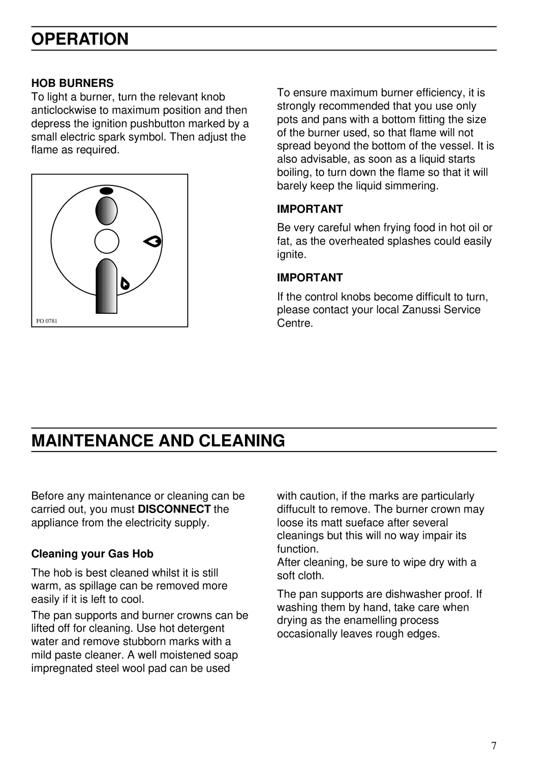 Zanussi ZBG 509 SS manual Operation, Maintenance and Cleaning, HOB Burners, Cleaning your Gas Hob 