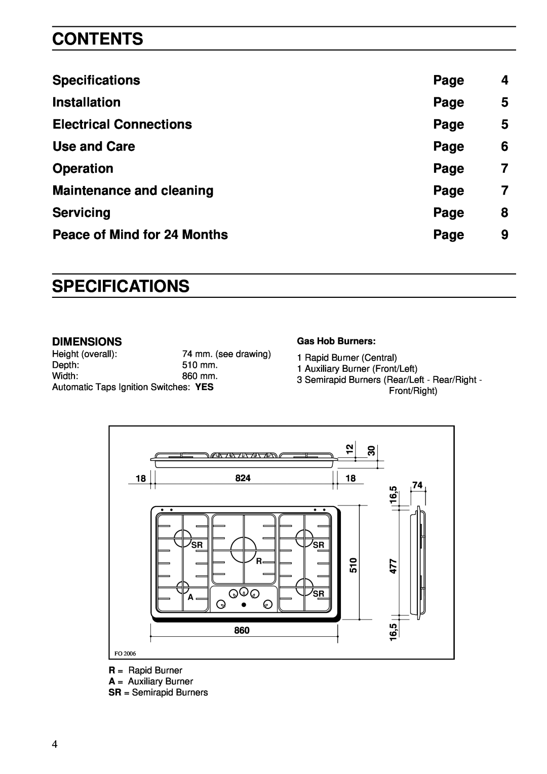 Zanussi ZBG 509 SS manual Contents, Specifications 