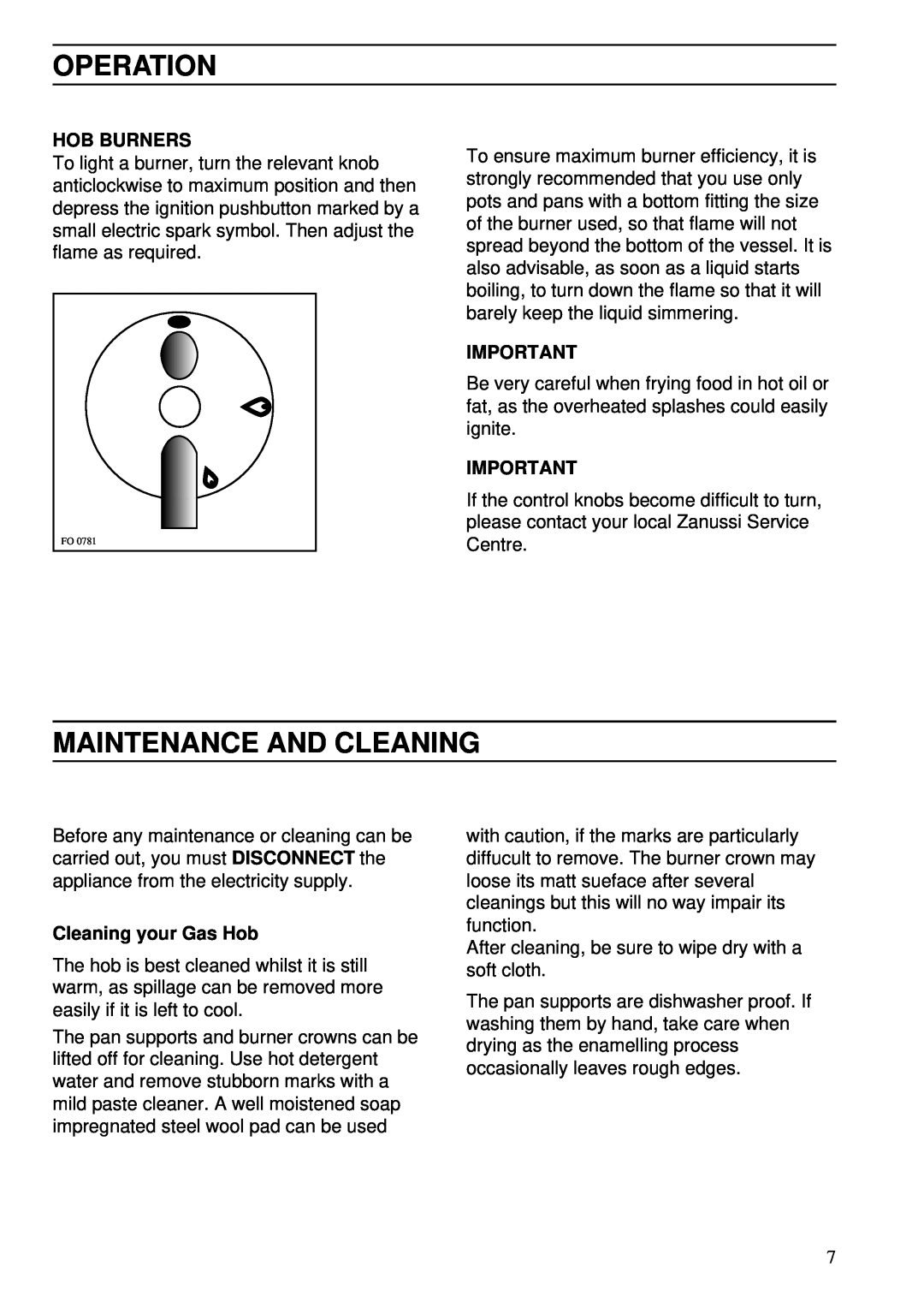 Zanussi ZBG 509 SS manual Operation, Maintenance And Cleaning, Hob Burners, Cleaning your Gas Hob 