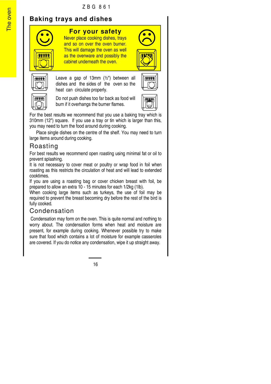 Zanussi ZBG 861 manual Baking trays and dishes For your safety, Roasting, Condensation 