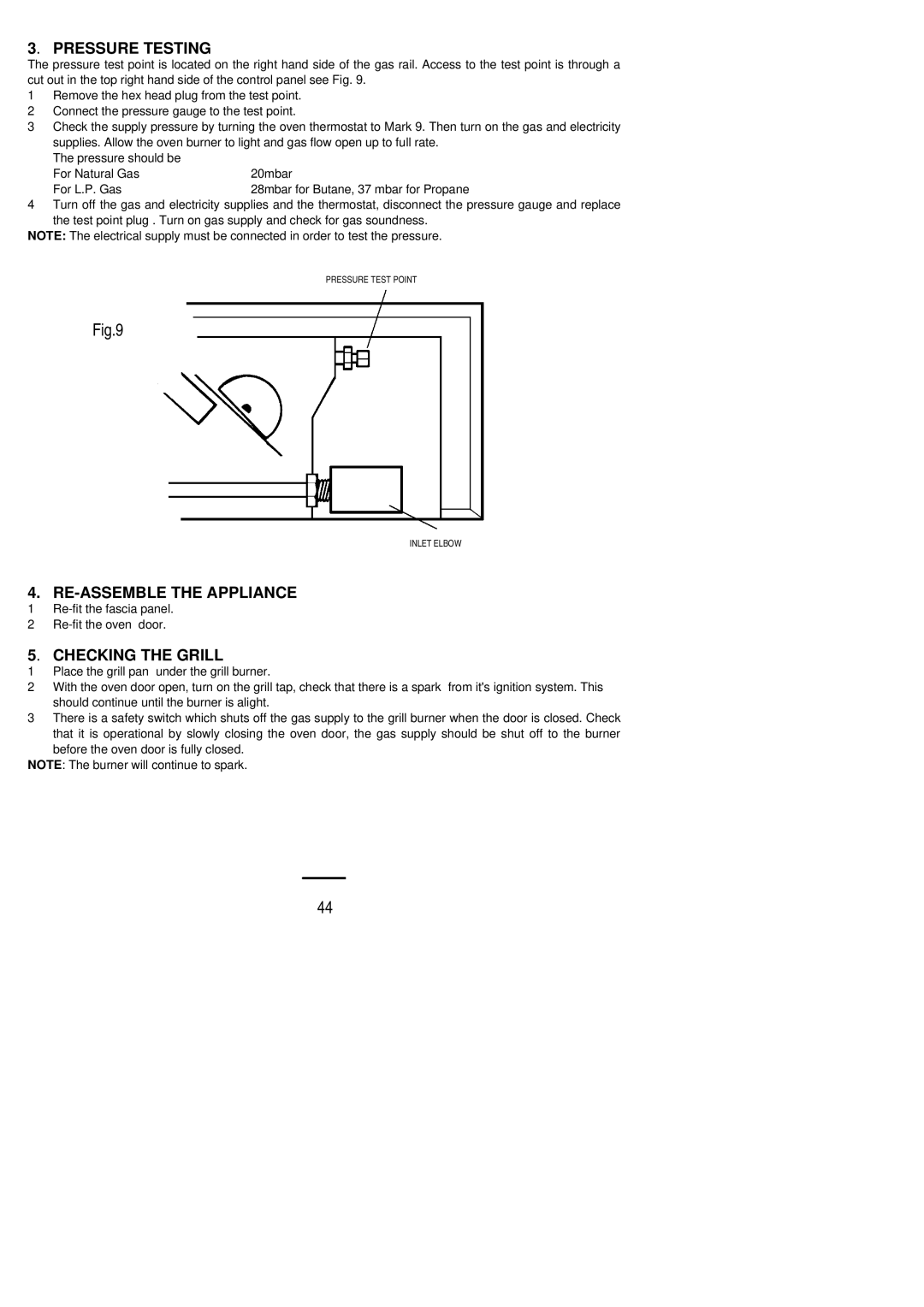 Zanussi ZBG 861 manual Pressure Testing, RE-ASSEMBLE the Appliance, Checking the Grill 