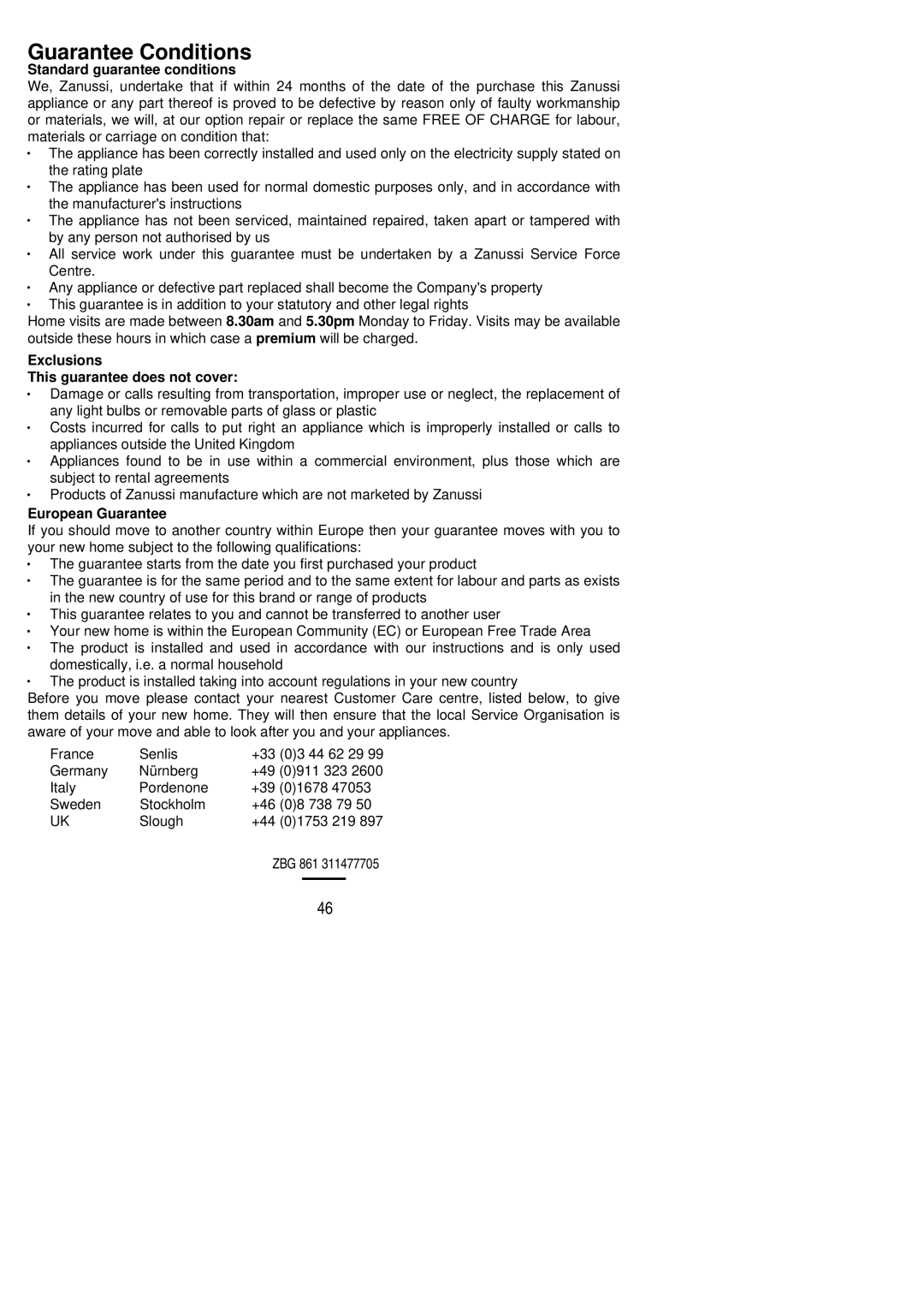 Zanussi ZBG 861 manual Guarantee Conditions, Standard guarantee conditions 