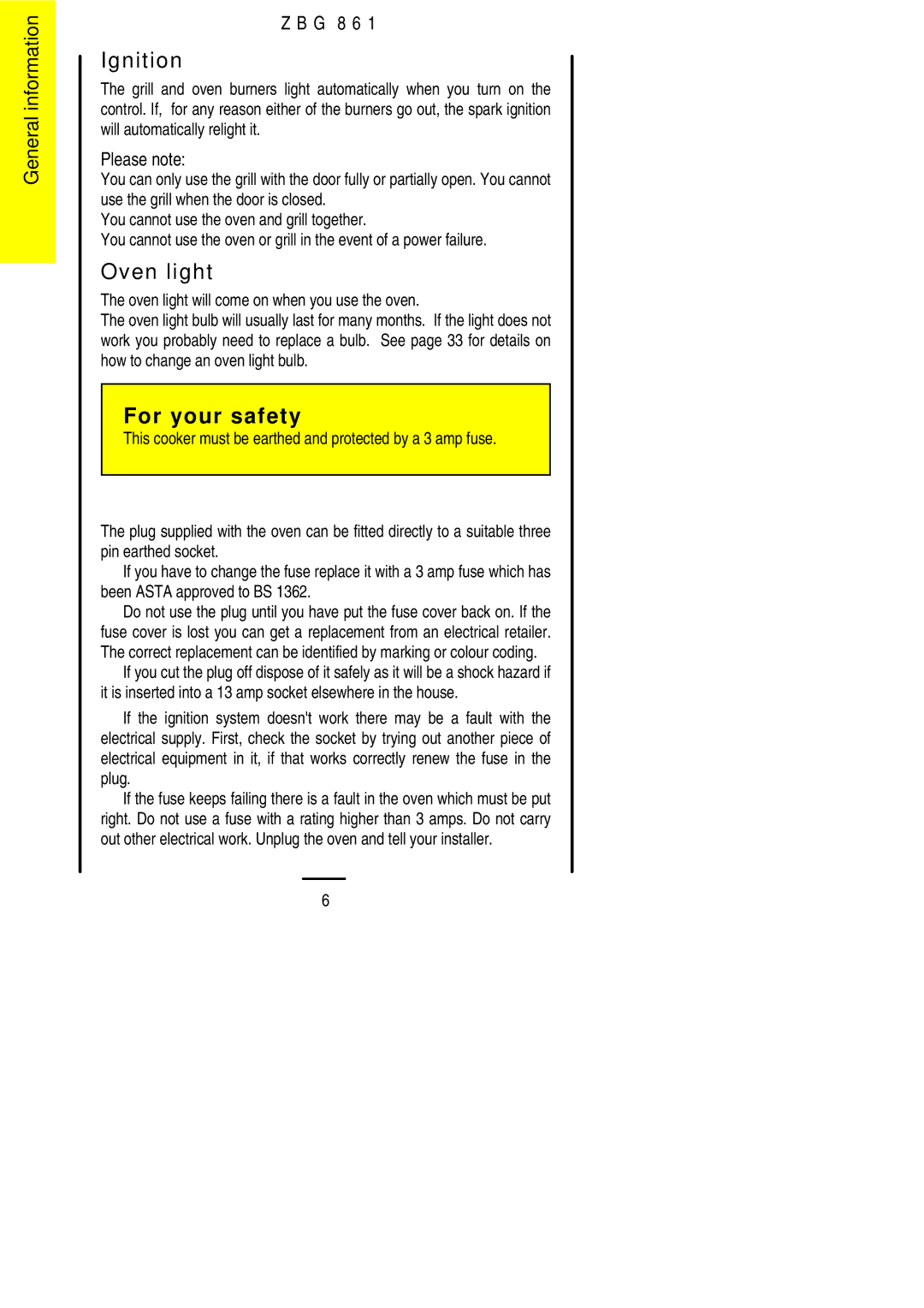 Zanussi ZBG 861 manual Ignition, Oven light, Please note 