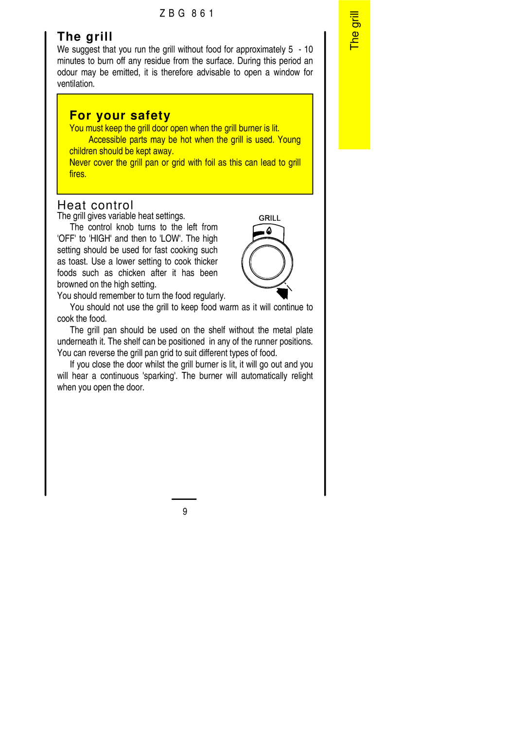 Zanussi ZBG 861 manual Grill, Heat control 