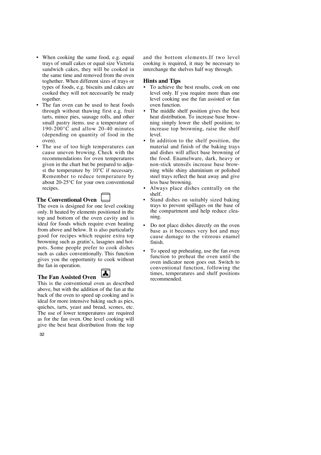 Zanussi ZBM 799 manual Conventional Oven, Fan Assisted Oven, Hints and Tips 