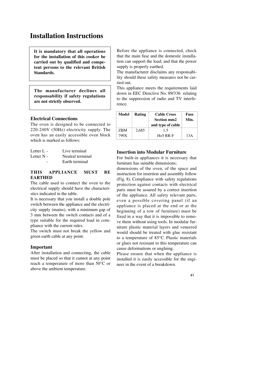 Zanussi ZBM 799 manual Installation Instructions, Electrical Connections, Insertion into Modular Furniture 