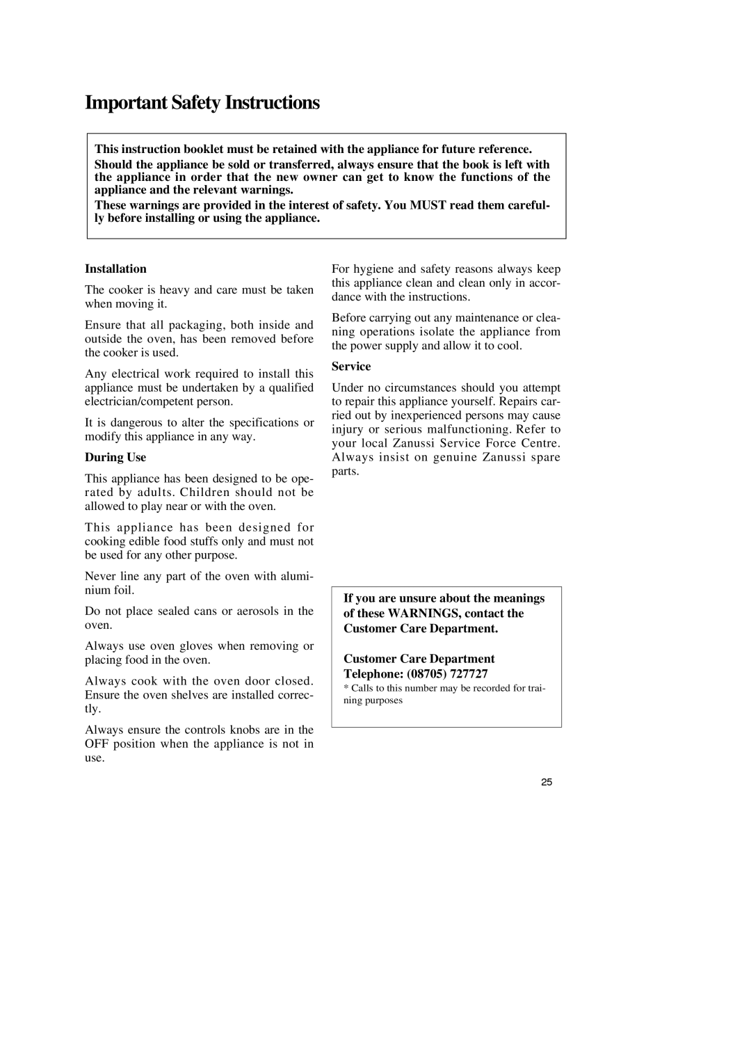 Zanussi ZBM 799 manual Important Safety Instructions, During Use, Service 