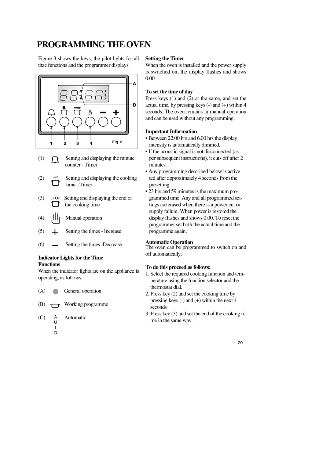 Zanussi ZBM 799 Indicator Lights for the Time Functions, Setting the Timer, To set the time of day, Important Information 