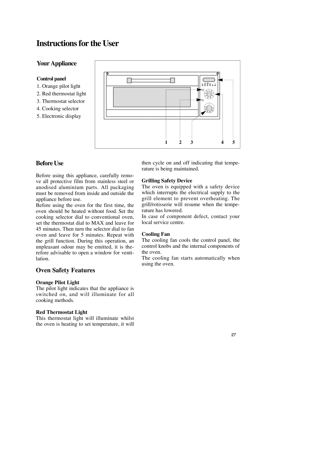 Zanussi ZBM 799 Instructions for the User, Your Appliance, Before Use, Oven Safety Features, Control panel, Cooling Fan 