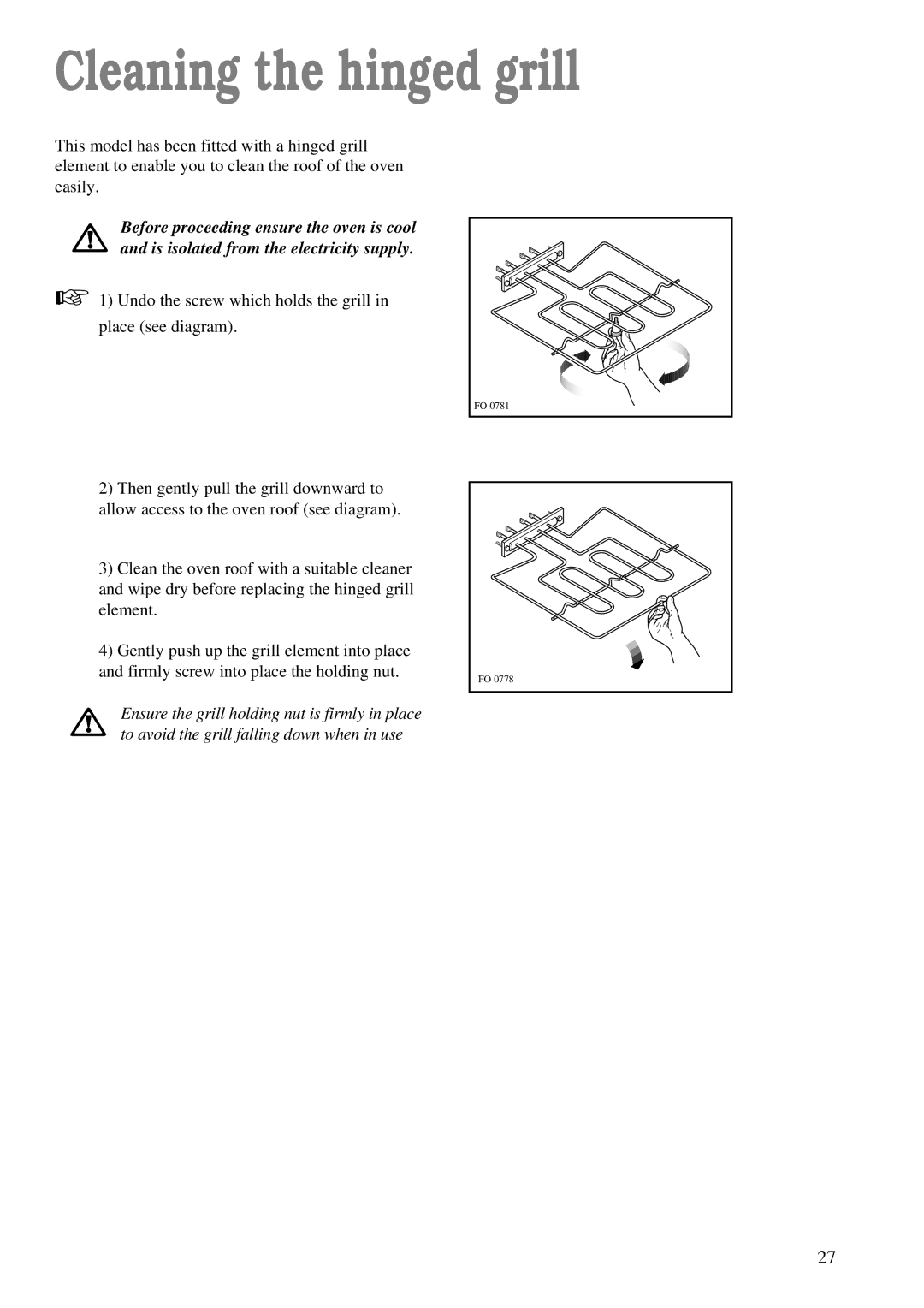 Zanussi ZBM 878 manual Cleaning the hinged grill 