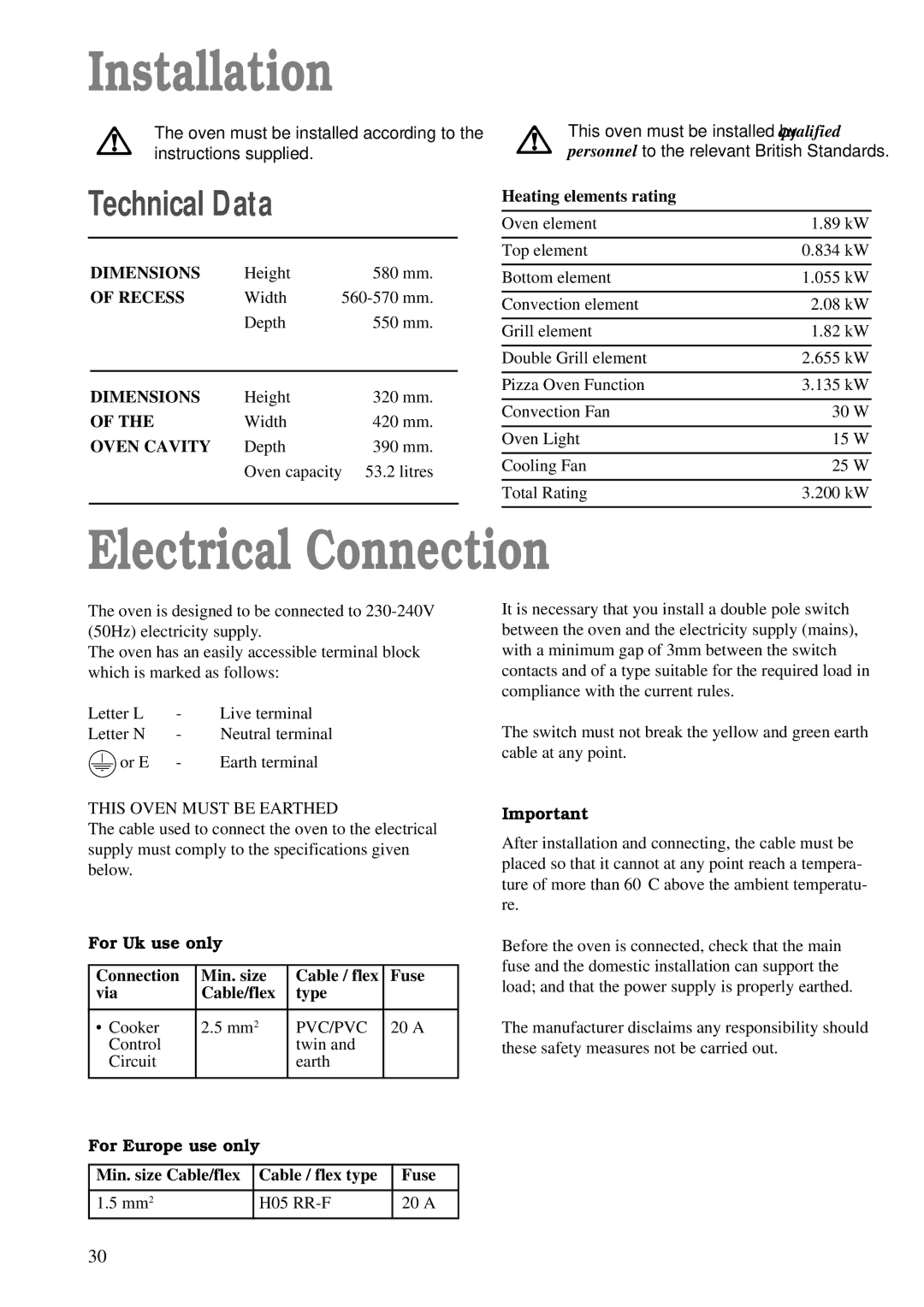 Zanussi ZBM 878 manual Installation, Electrical Connection, Dimensions, Recess, Oven Cavity 