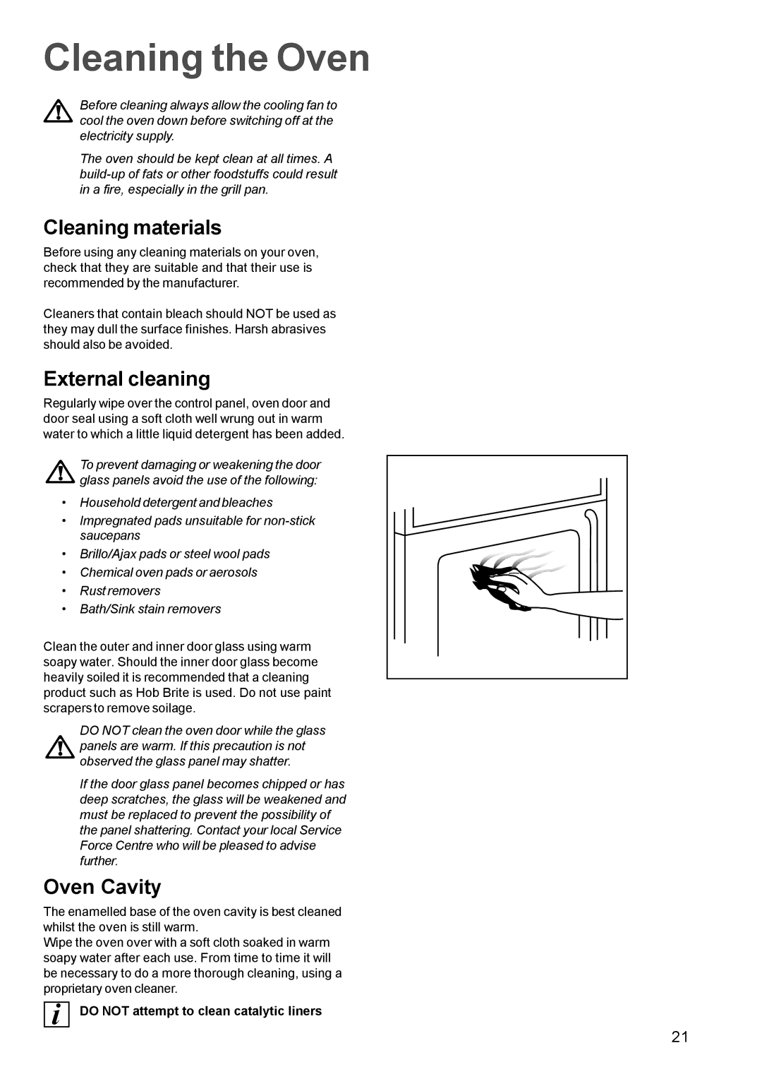 Zanussi ZBM 879 manual Cleaning the Oven, Cleaning materials, External cleaning, Oven Cavity 