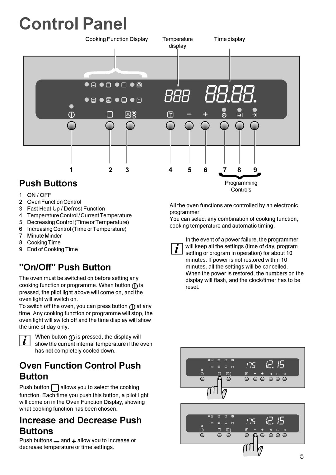 Zanussi ZBM 879 manual Control Panel, Push Buttons, On/Off Push Button, Oven Function Control Push Button 