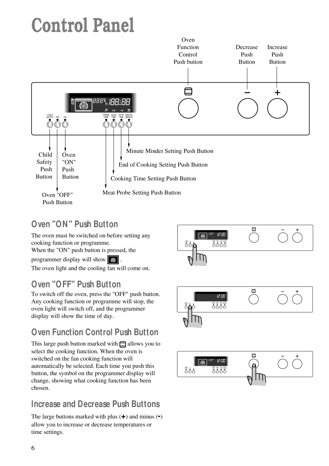 Zanussi ZBM 890 manual Control Panel, Oven on Push Button, Oven OFF Push Button, Increase and Decrease Push Buttons 