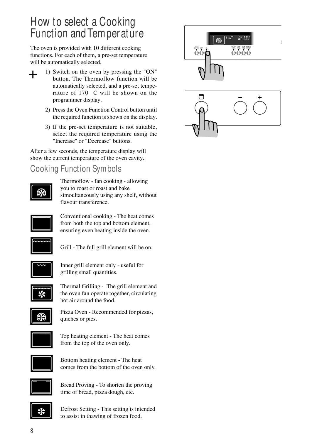 Zanussi ZBM 890 manual How to select a Cooking Function andTemperature, Cooking Function Symbols 