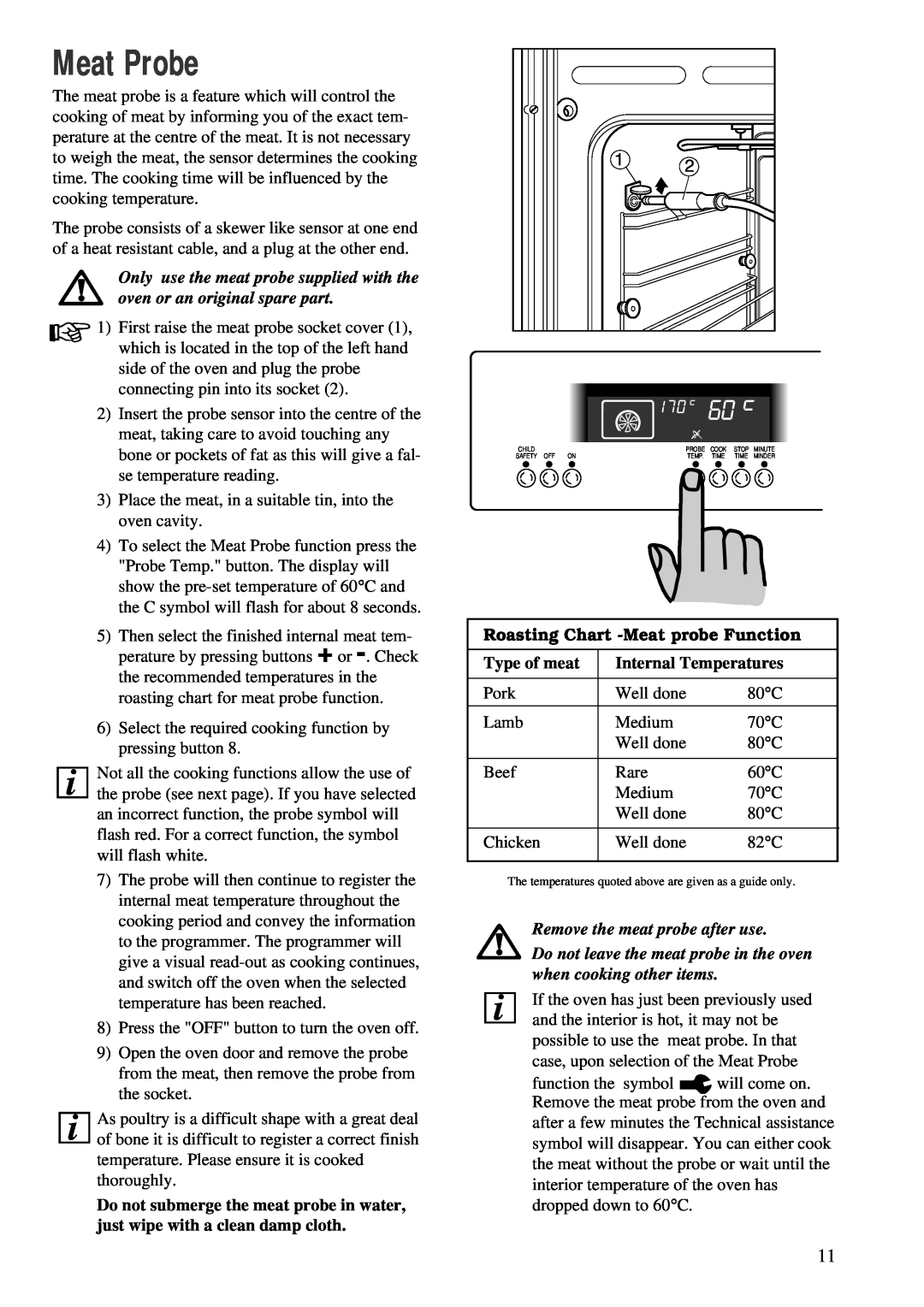Zanussi ZBM 890 manual Meat Probe, Roasting Chart -Meatprobe Function, Type of meat, Internal Temperatures 