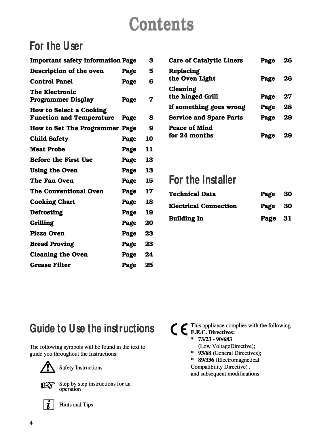 Zanussi ZBM 890 manual Contents, For the User, For the Installer, Guide to Use the instructions, Page 