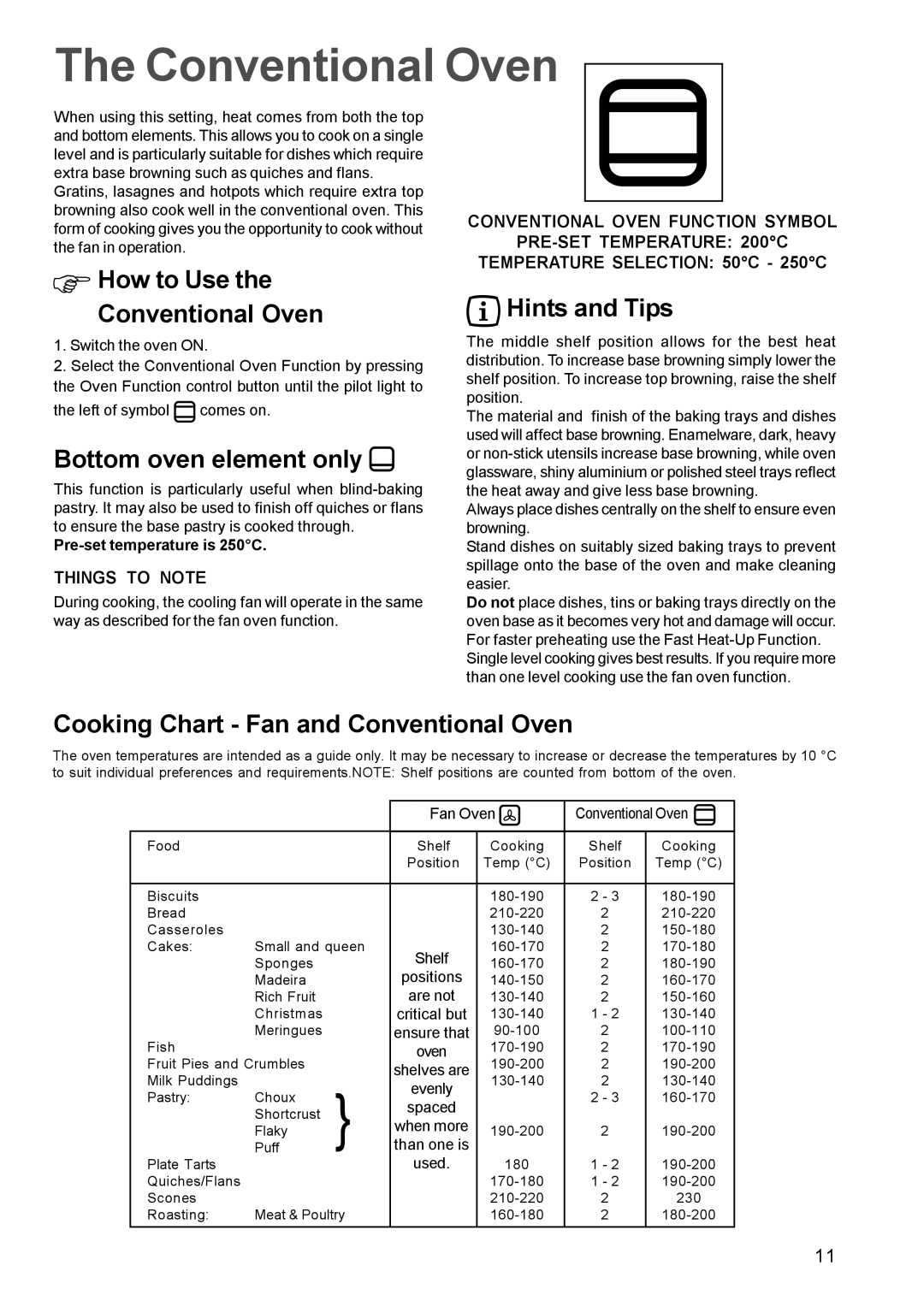 Zanussi ZBM 972 How to Use the Conventional Oven, Bottom oven element only, Cooking Chart Fan and Conventional Oven 