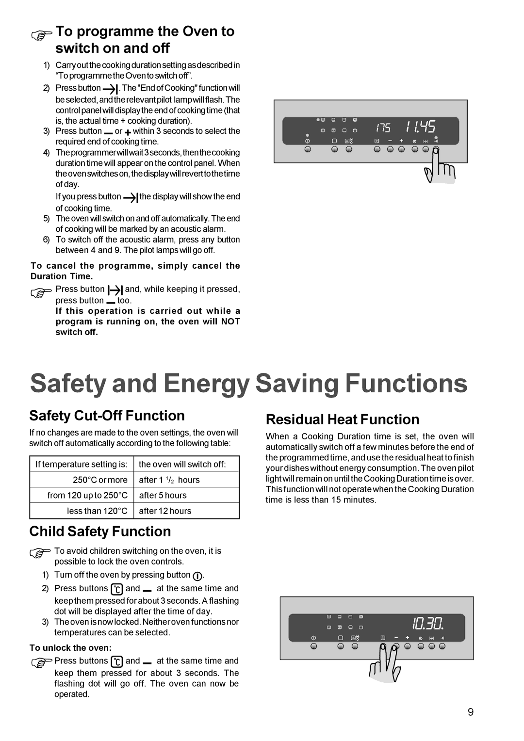 Zanussi ZBM 972 Safety and Energy Saving Functions, ΦTo programme the Oven to switch on and off, Safety Cut-Off Function 