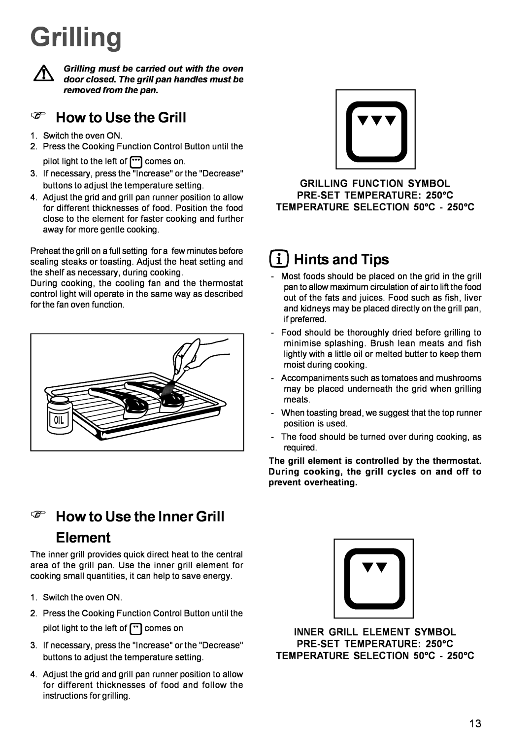 Zanussi ZBM 972 manual Grilling, Φ How to Use the Grill, Φ How to Use the Inner Grill Element, Hints and Tips 