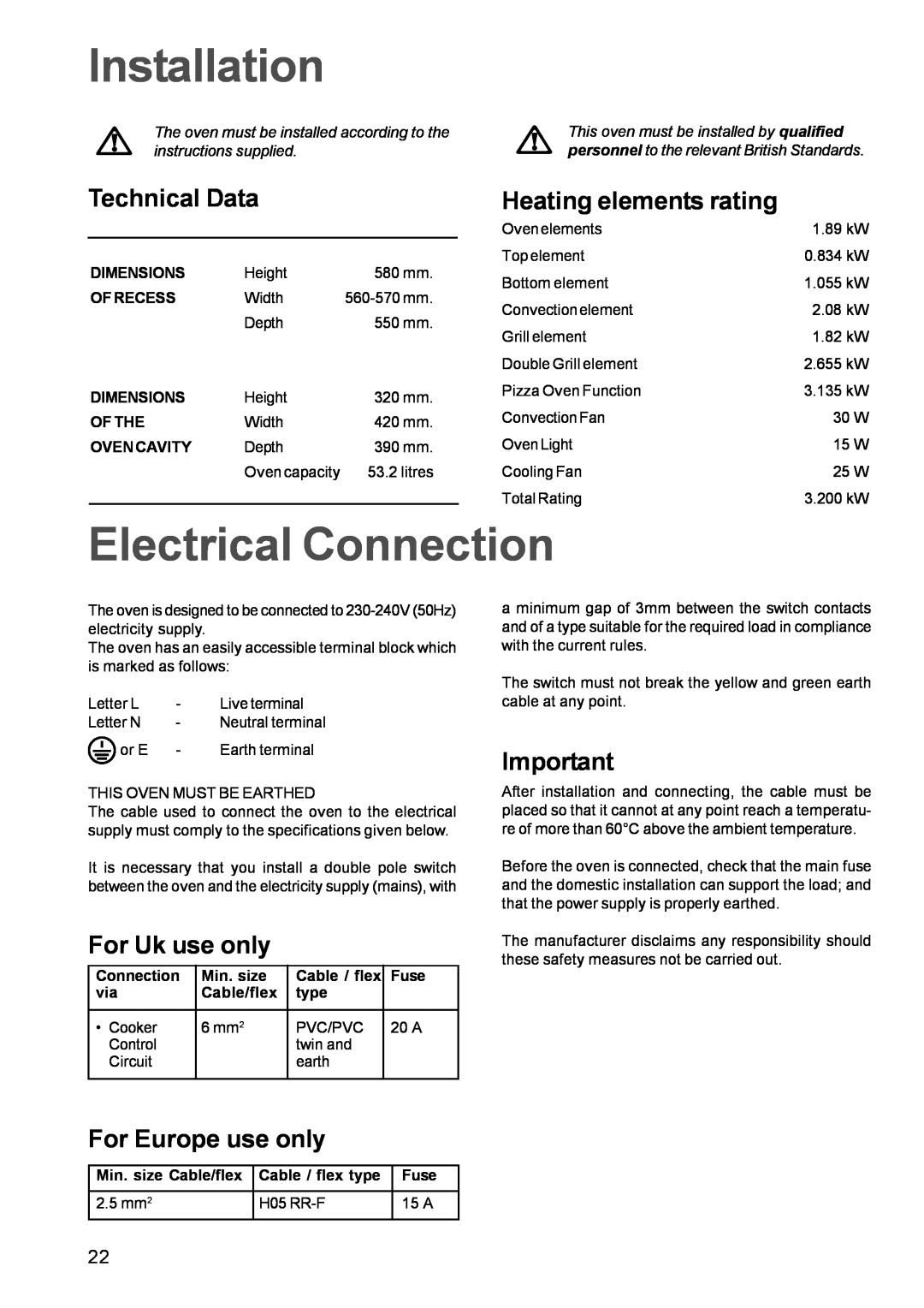 Zanussi ZBM 972 manual Installation, Electrical Connection, Technical Data, Heating elements rating, For Uk use only 