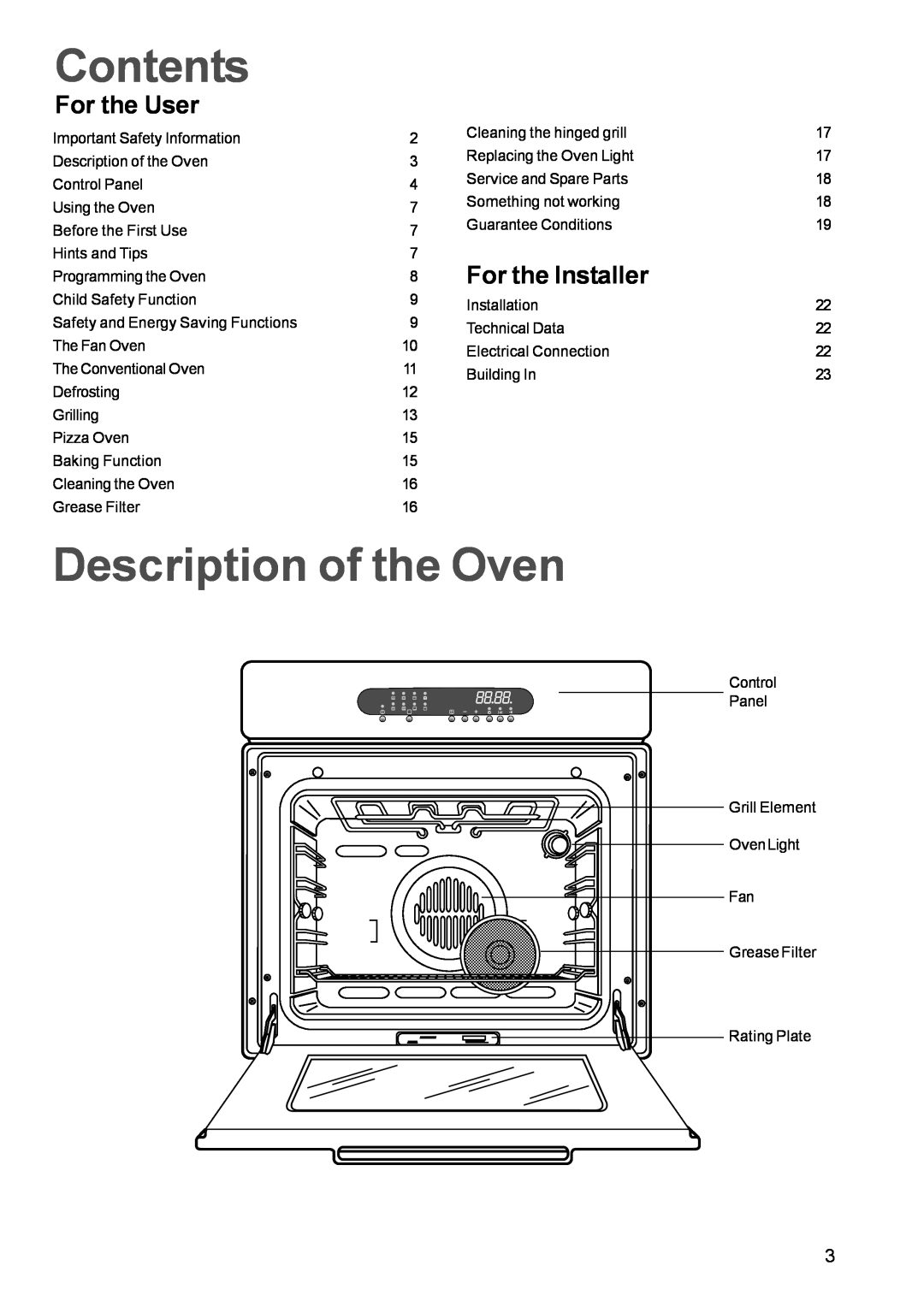 Zanussi ZBM 972 manual Contents, Description of the Oven, For the User, For the Installer 