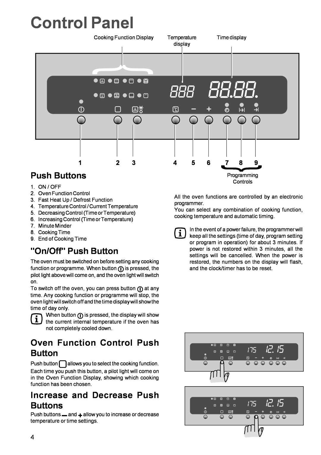 Zanussi ZBM 972 manual Control Panel, Push Buttons, On/Off Push Button, Oven Function Control Push Button 