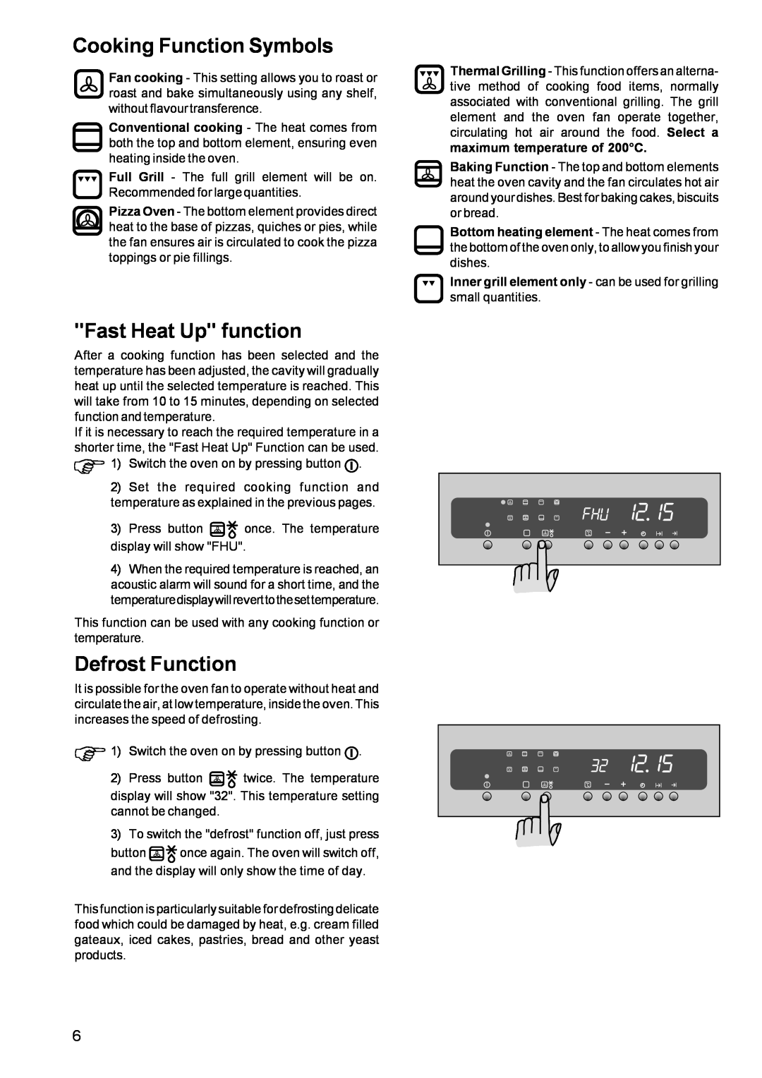Zanussi ZBM 972 manual Cooking Function Symbols, Fast Heat Up function, Defrost Function 