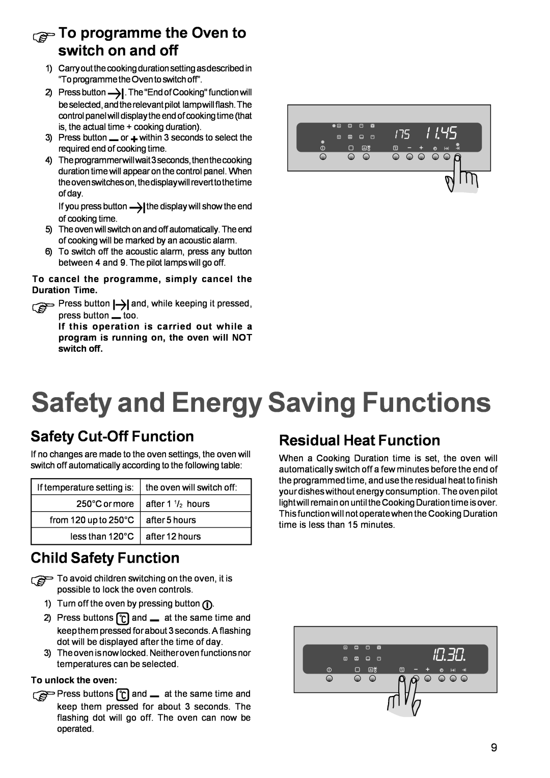 Zanussi ZBM 972 Safety and Energy Saving Functions, ΦTo programme the Oven to switch on and off, Safety Cut-Off Function 