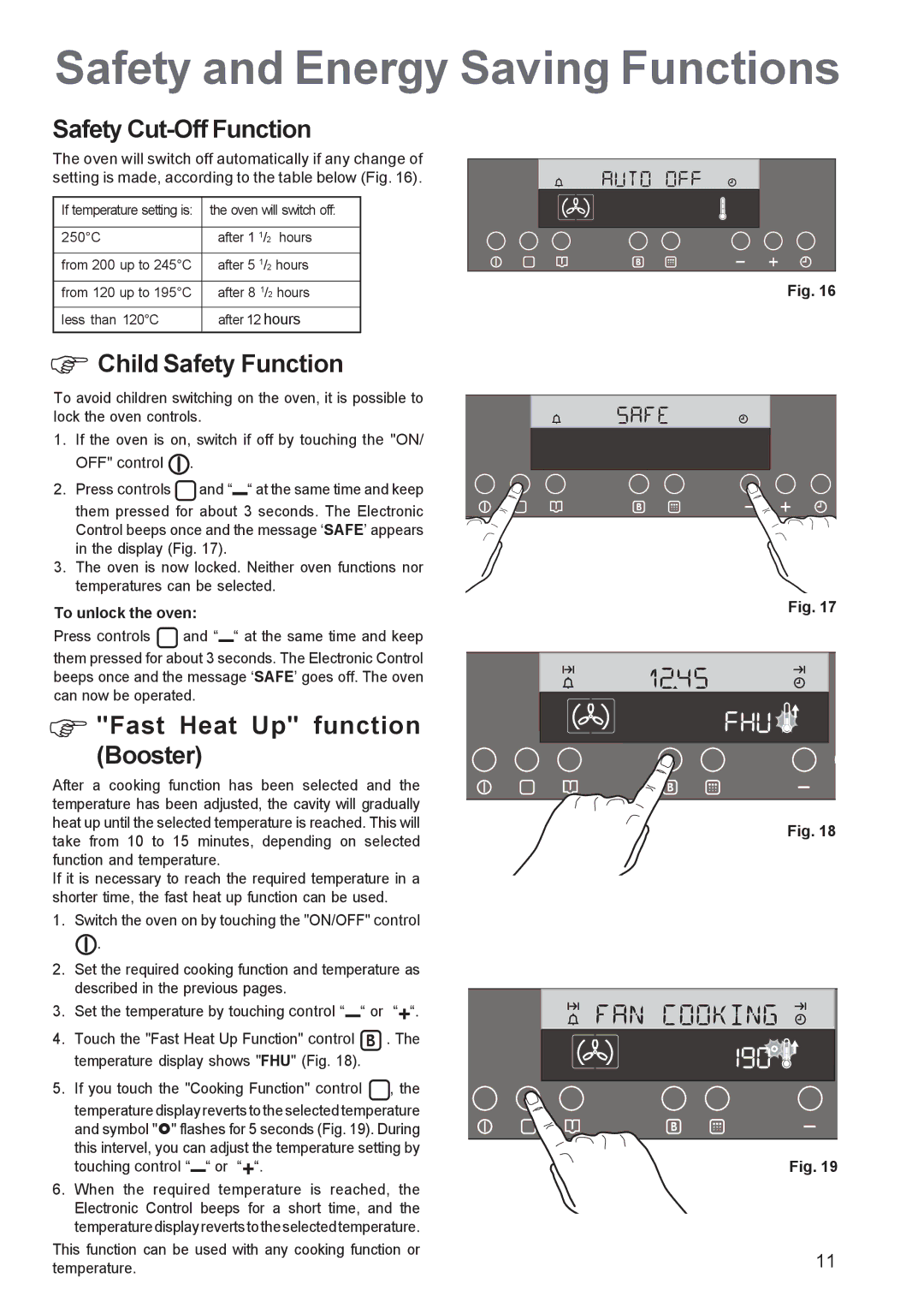 Zanussi ZBP 1165 Safety and Energy Saving Functions, Safety Cut-Off Function, Child Safety Function, To unlock the oven 