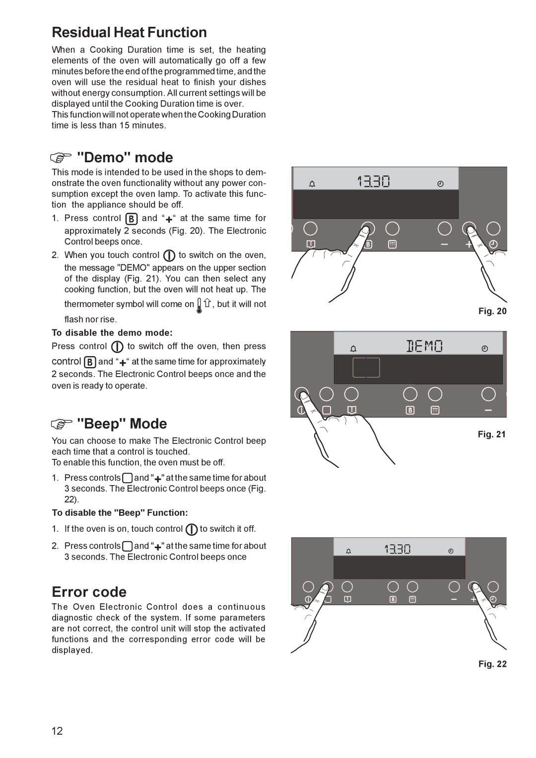 Zanussi ZBP 1165 manual Residual Heat Function, Demo mode, Beep Mode, Error code 