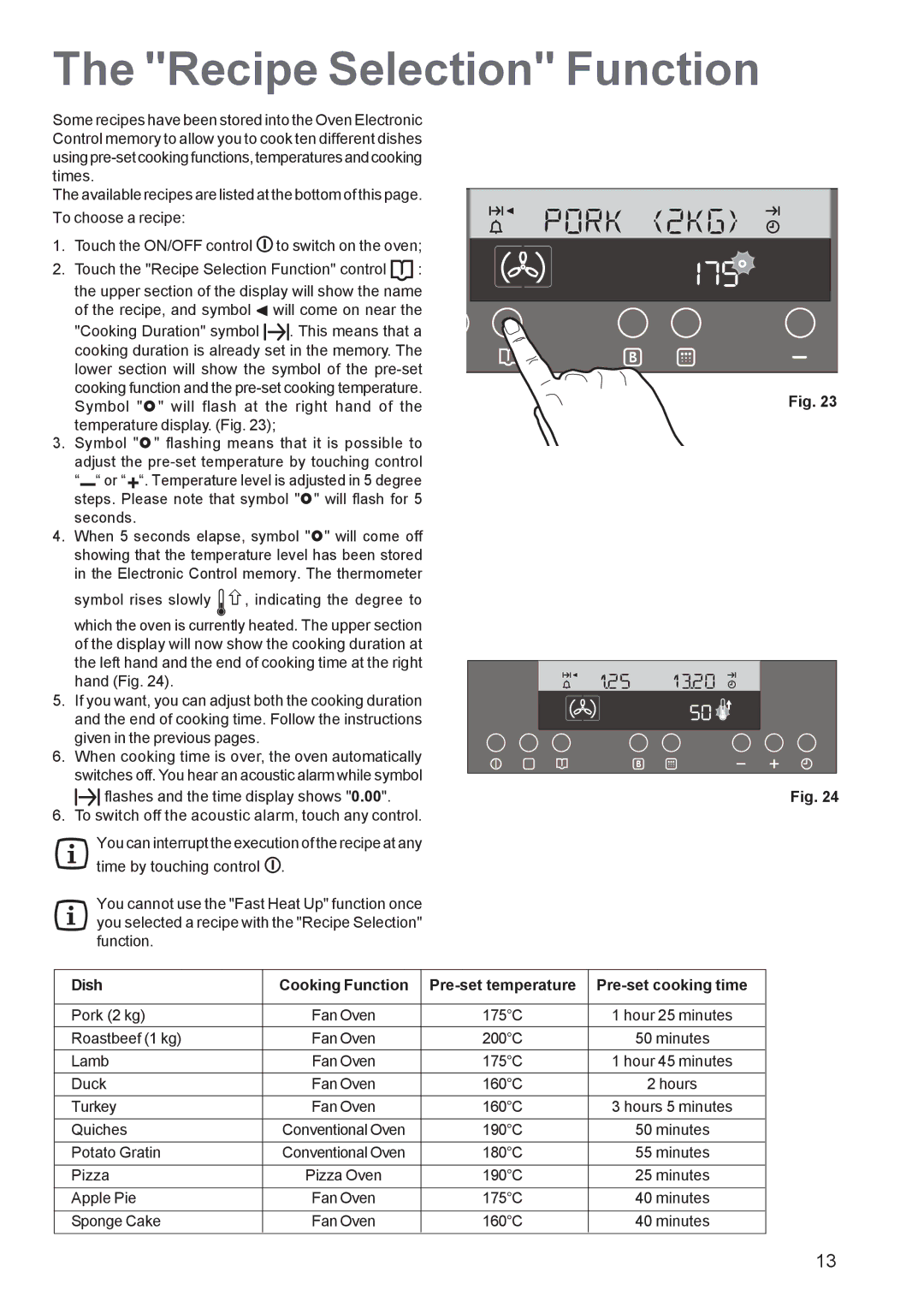 Zanussi ZBP 1165 manual Recipe Selection Function 