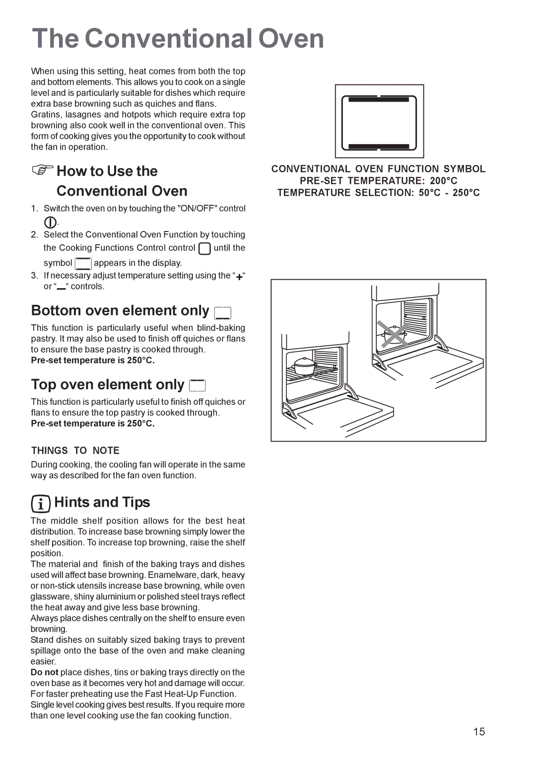 Zanussi ZBP 1165 manual How to Use Conventional Oven, Bottom oven element only, Top oven element only, Hints and Tips 