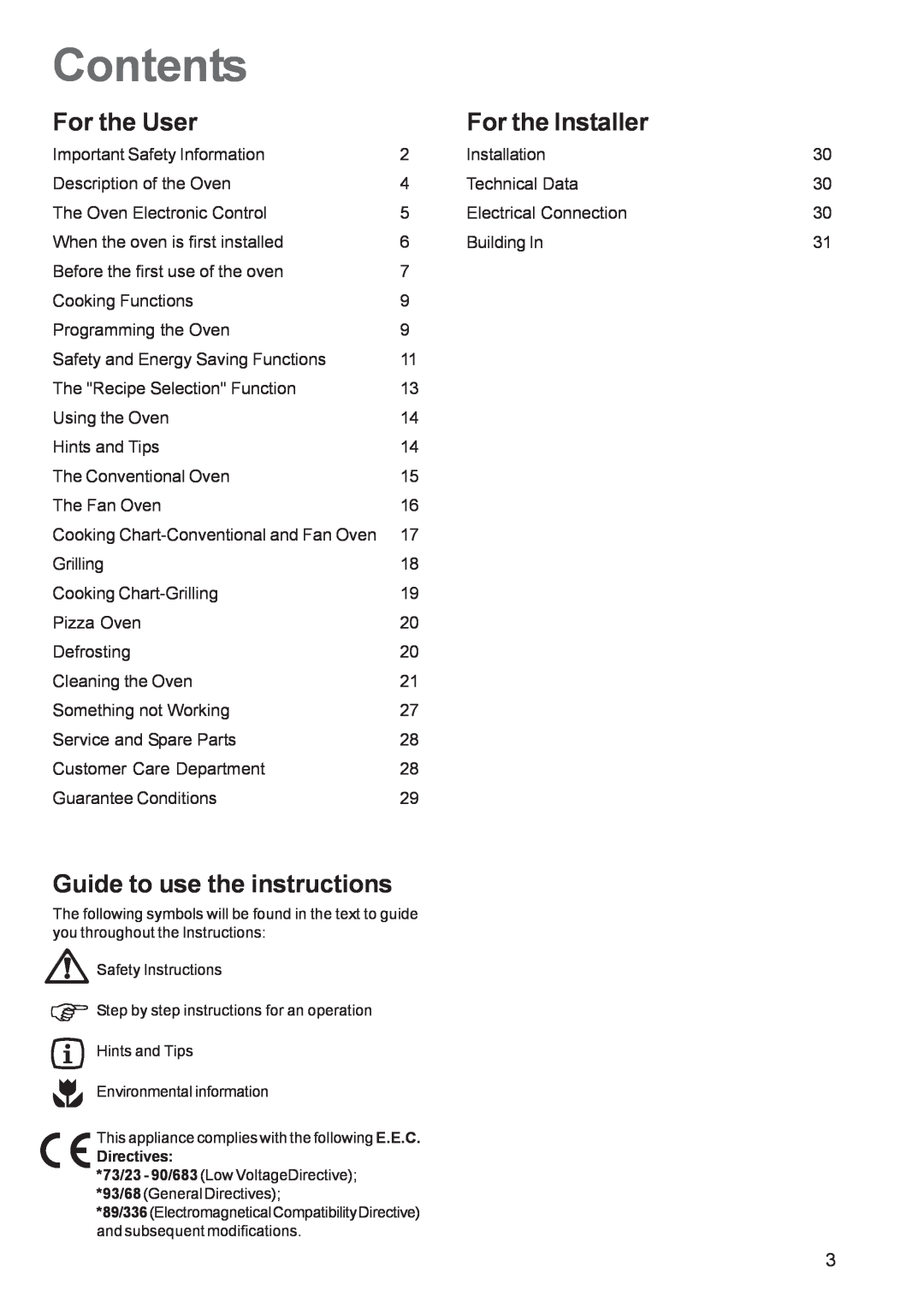 Zanussi ZBP 1165 manual Contents, For the User, For the Installer, Guide to use the instructions 