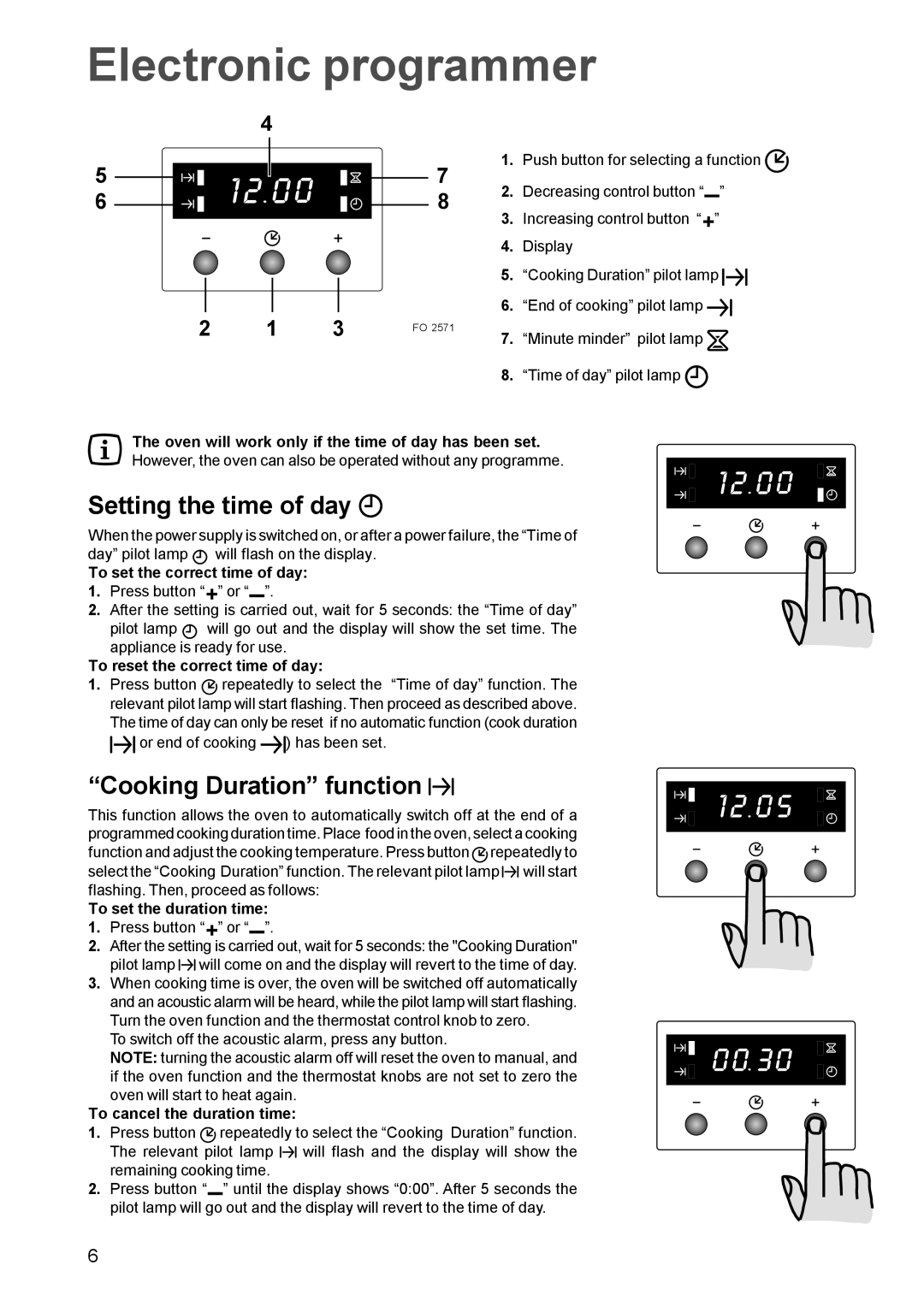 Zanussi ZBQ 365 manual Setting the time of day, Cooking Duration function 