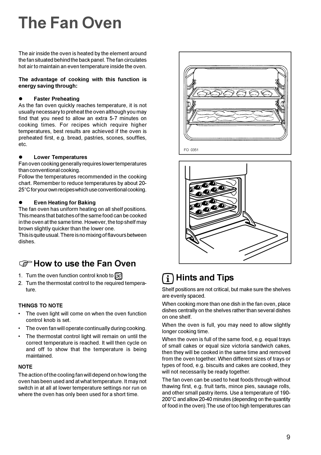 Zanussi ZBQ 365 manual ΦHow to use the Fan Oven, Hints and Tips, Things to Note 