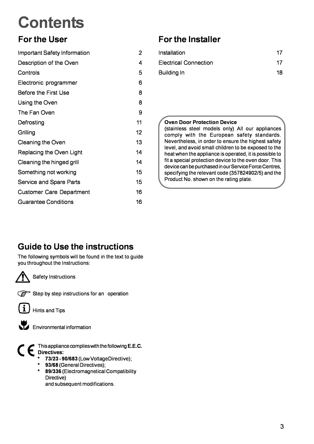 Zanussi ZBQ 365 manual Contents, For the User, For the Installer, Guide to Use the instructions 