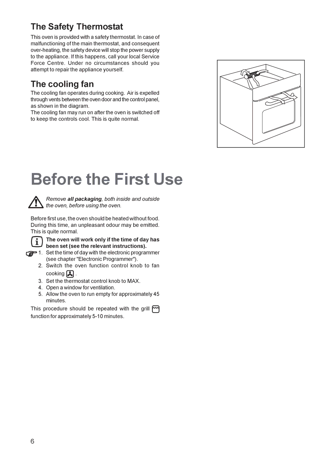 Zanussi ZBQ 865 manual Before the First Use, Safety Thermostat, Cooling fan 