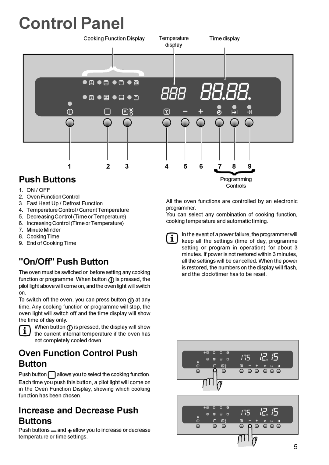 Zanussi ZBQ 965 manual Control Panel, Push Buttons, On/Off Push Button, Oven Function Control Push Button 