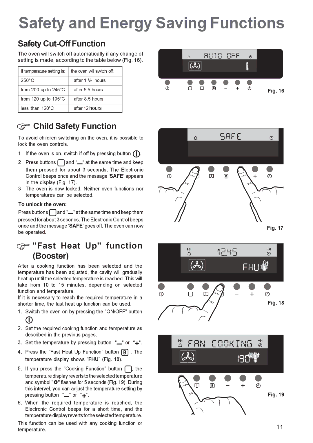 Zanussi ZBS 1063 Safety and Energy Saving Functions, Safety Cut-Off Function, Child Safety Function, To unlock the oven 