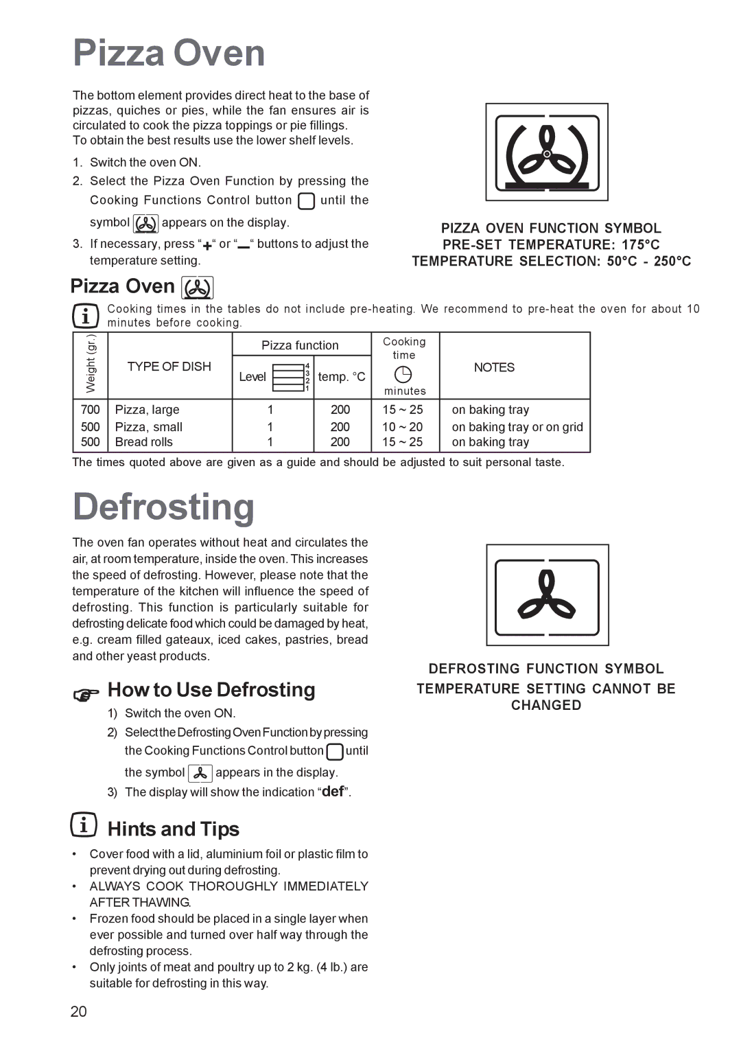 Zanussi ZBS 1063 manual Pizza Oven, How to Use Defrosting 