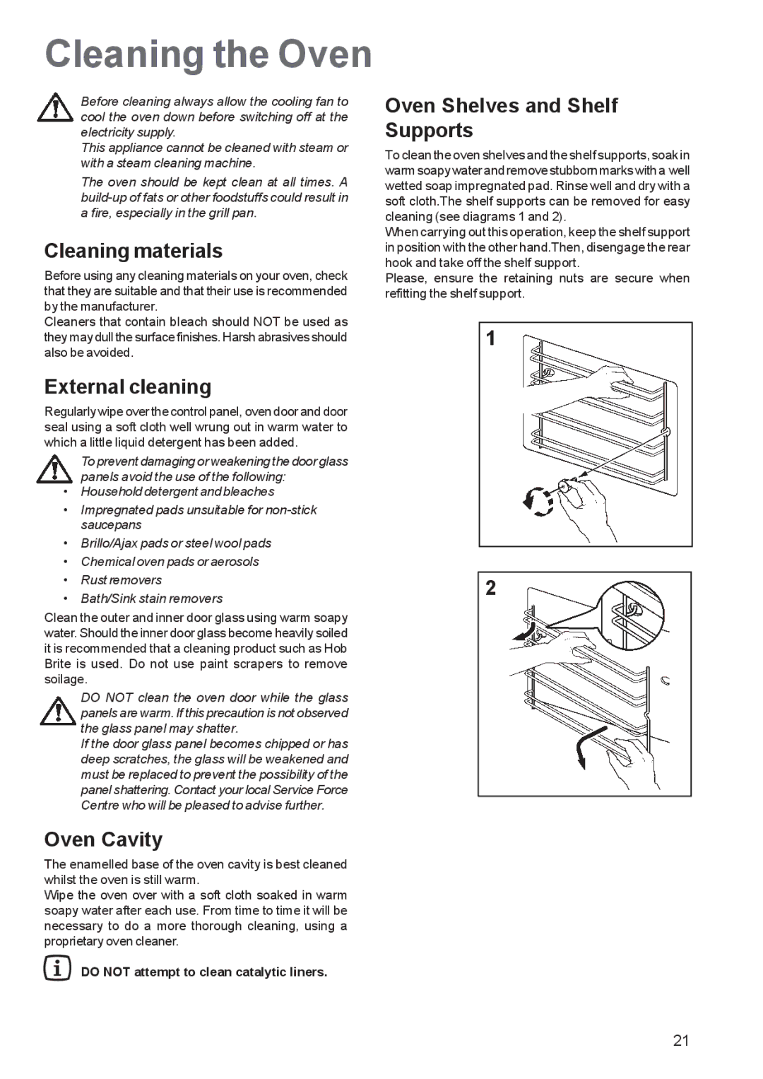 Zanussi ZBS 1063 Cleaning the Oven, Cleaning materials, External cleaning, Oven Cavity, Oven Shelves and Shelf Supports 