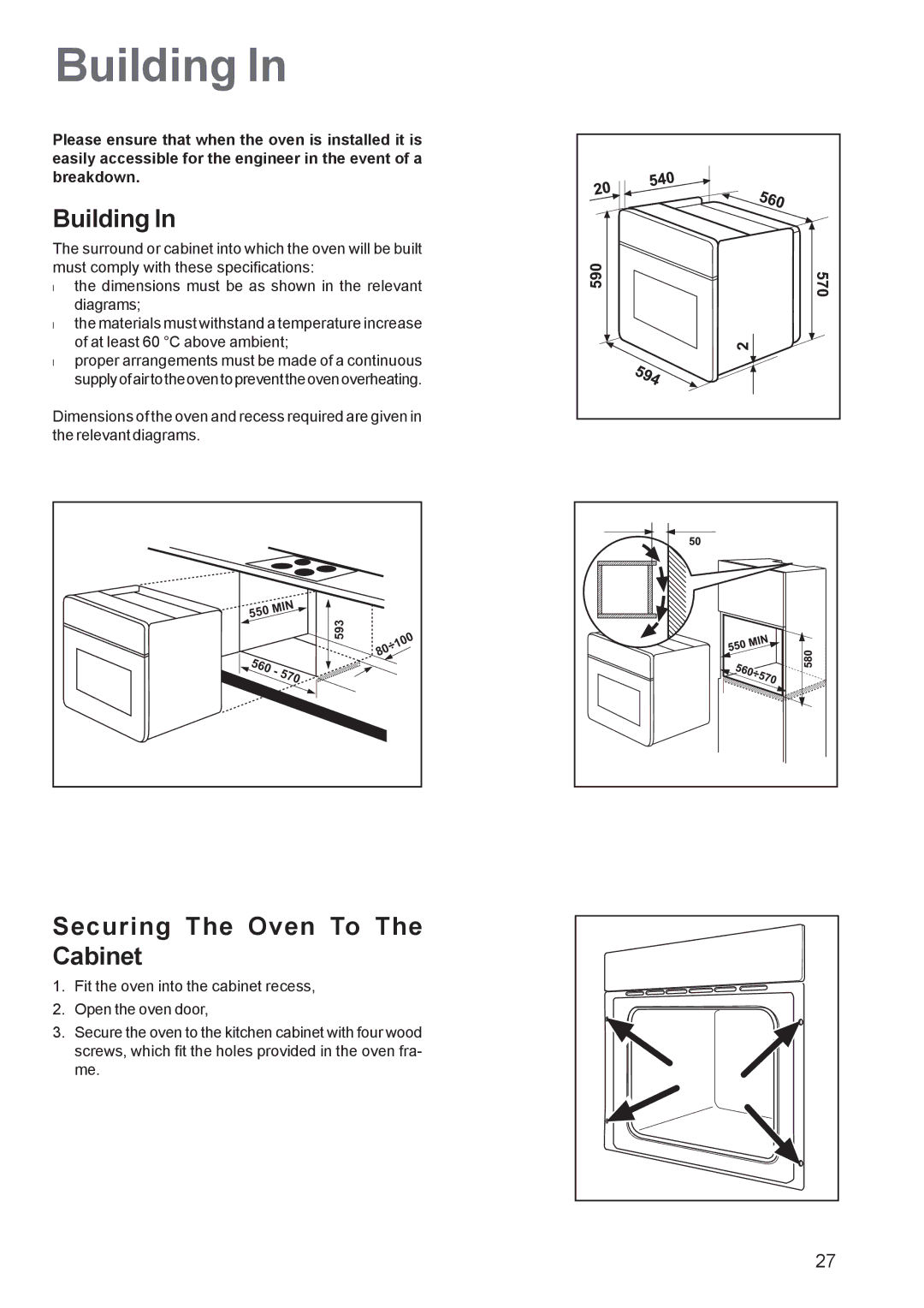 Zanussi ZBS 1063 manual Building, Securing The Oven To The Cabinet, 570 