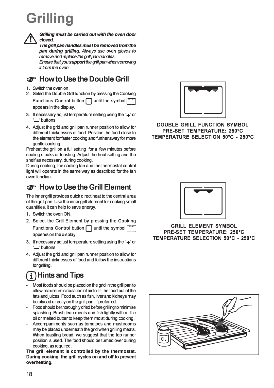 Zanussi ZBS 1063 manual Grilling, How to Use the Double Grill, How to Use the Grill Element, Double Grill Function Symbol 