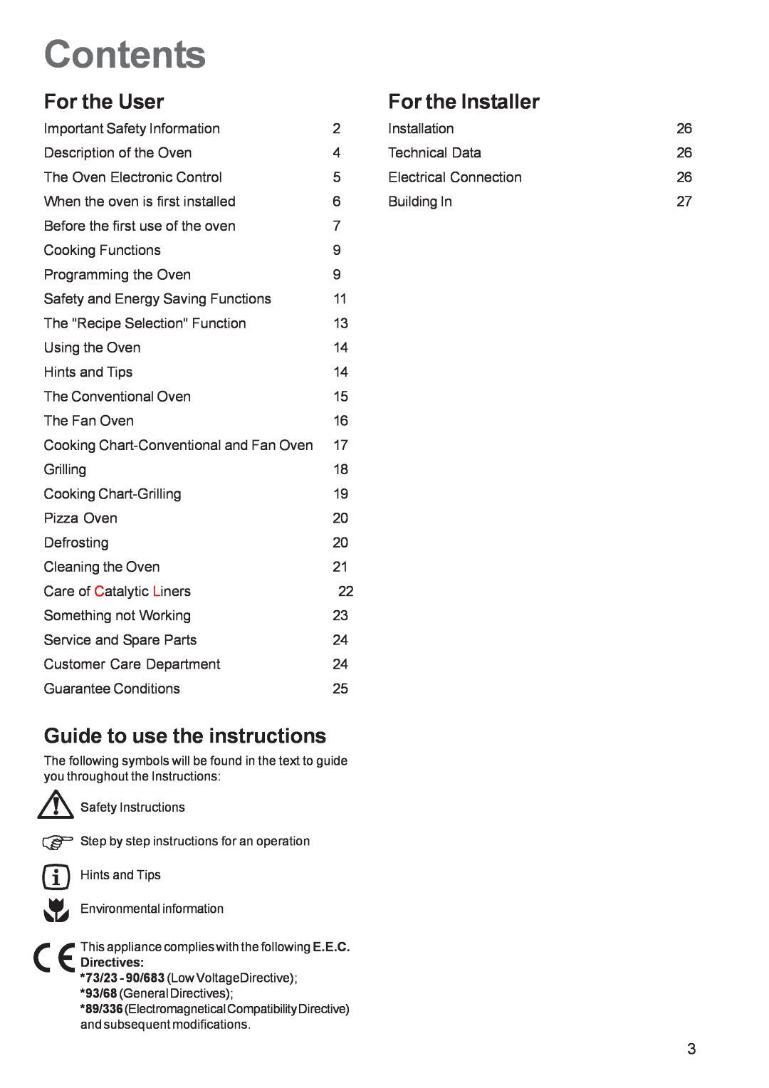 Zanussi ZBS 1063 manual Contents, For the User, For the Installer, Guide to use the instructions 