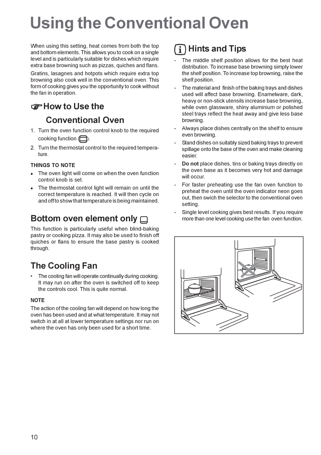 Zanussi ZBS 663 Using the Conventional Oven, How to Use the Conventional Oven, Bottom oven element only, Hints and Tips 